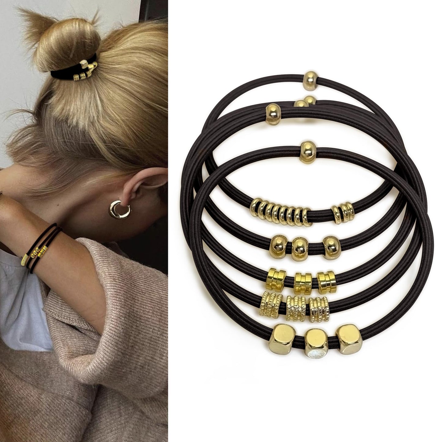 Black Boho Hair Ties Bracelets for Women, Cute Elastic Pony Tails Hair Ties No Damage Beaded Hair Accessories for Girls Decorative Hair Tie Bracelet with Bead Hair Bands with Gold Jewelry for Gifts