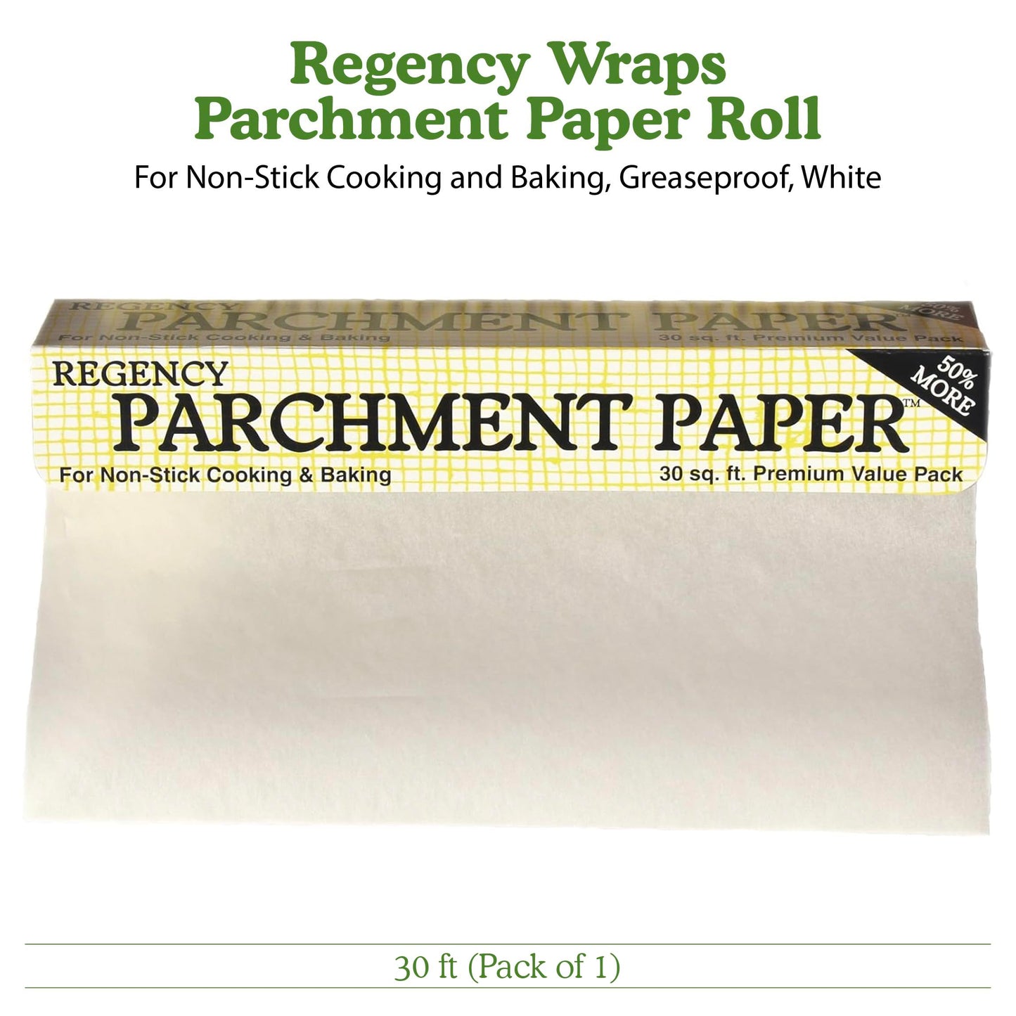 Regency Wraps Parchment Paper For Non-Stick Cooking and Baking, Lining Cookie Sheets, Cake Pans, Air Fryer and Microwave safe, Greaseproof, white, 30ft Roll (pack of 1)