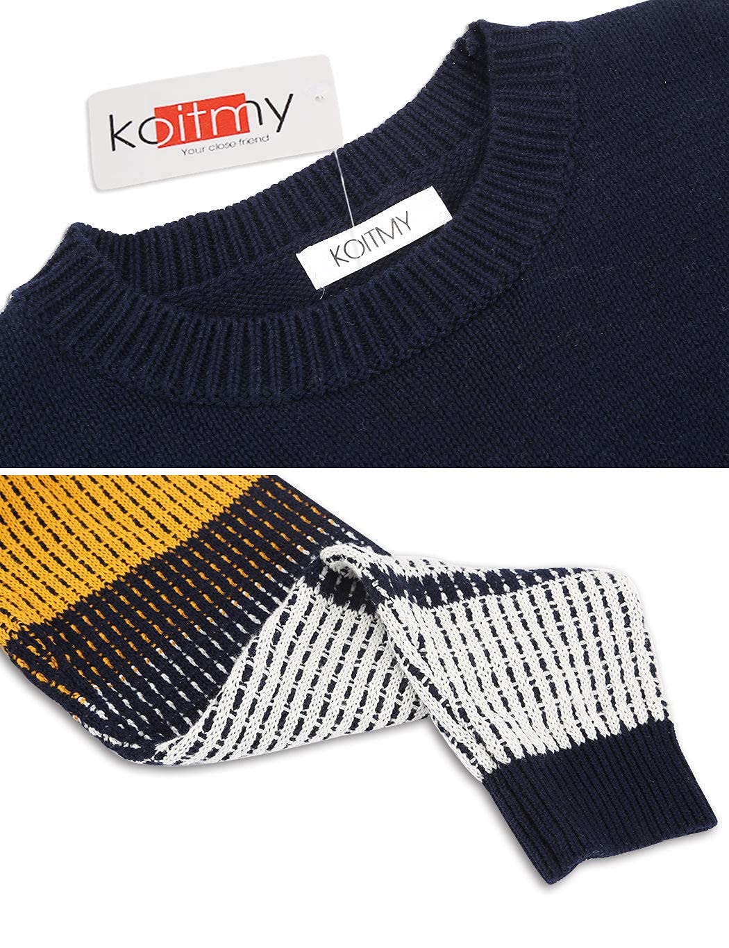 koitmy Women's Cute Contrast Sleeve Knitted Pullover Sweater Navy