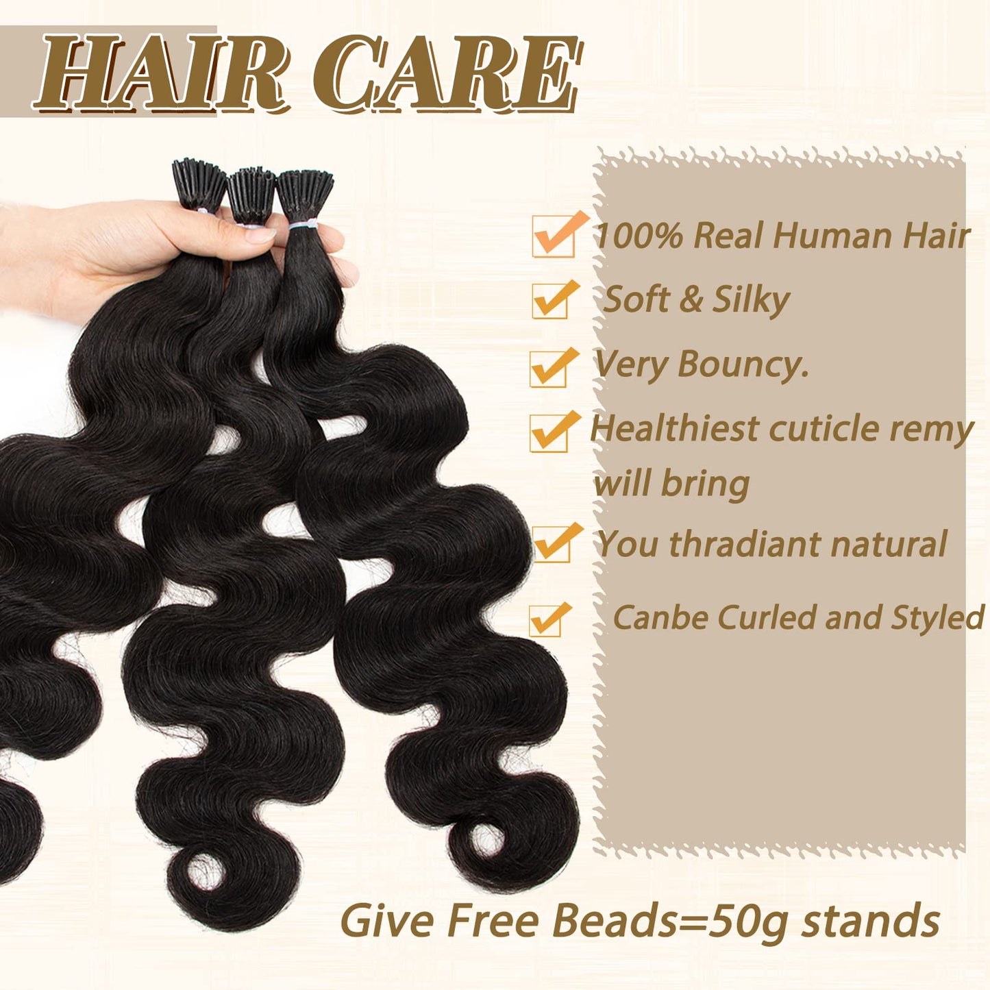 Remy I Tip Hair Extensions Human Hair for Black Women, Natural Black Body Wave Hair Extensions 18inch Cold Fusion Stick Tip Extension 2-3 Pack Full Ends 50G/50S