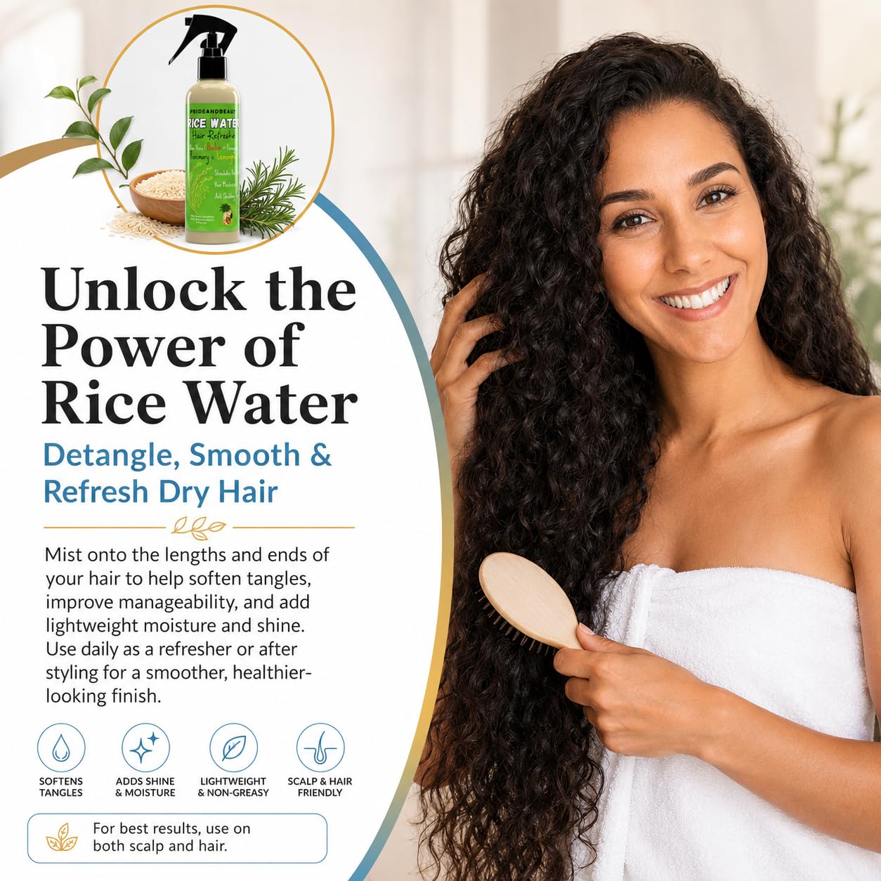 PrideandBeauty Fermented Rice Water Hair Refresher – Infused with Rosemary, Biotin, Caffeine & Keratin – Strengthens, Reduces Breakage, Hydrates & Softens – Non-Greasy Leave-In for All Hair Types