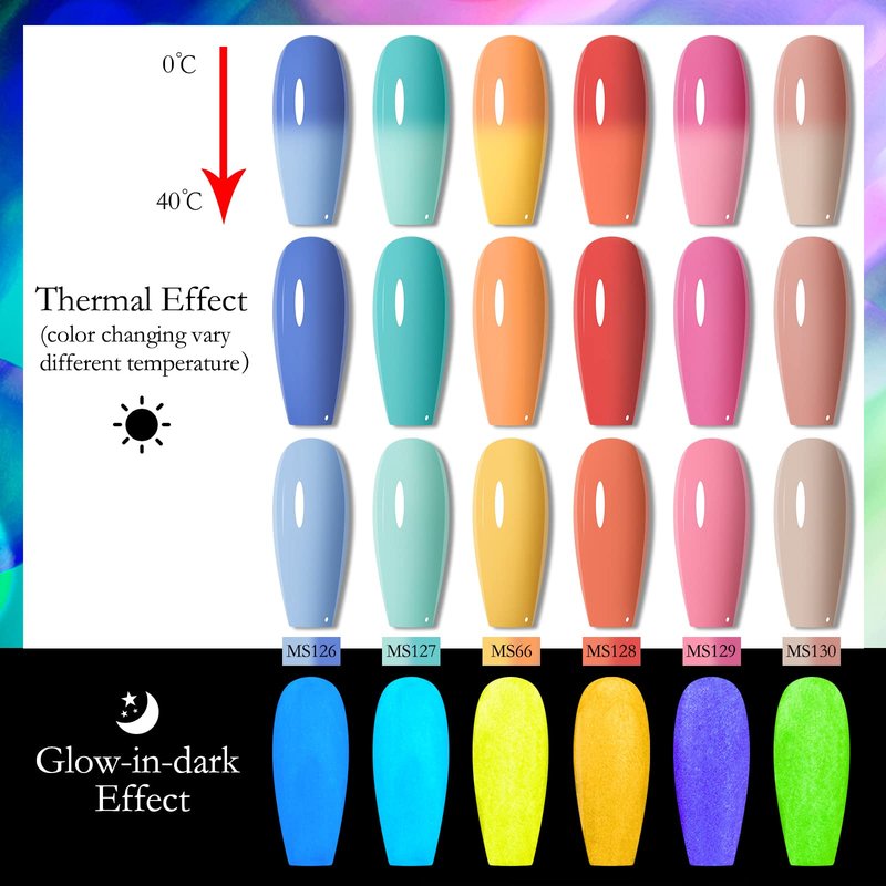 MSRUIOO Luminous Color Changing Gel Nail Polish Set, Glow in the Dark Mood Temperature Color Change Gel Nail Polish Pink Blue Red Orange Soak Off Gel Polish for Nail Art Manicure DIY at Home