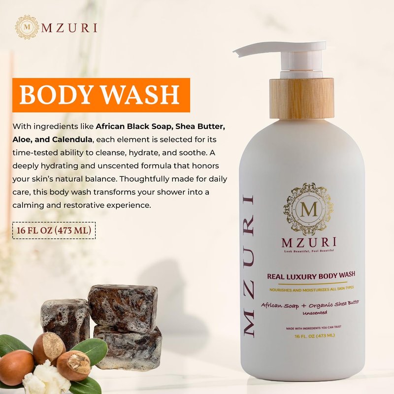 MZURI Body Wash, African Black Soap, Organic Coconut Oil, & Wild Coronado Cherry, Moisturizing, Hydrating, & Gentle Formula for Dry, Sensitive Skin, Shea Butter Luxury Body Wash - 16 Fl. Oz