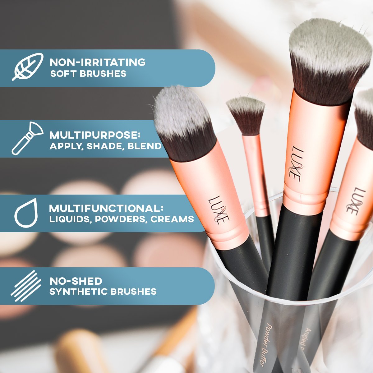 Luxe Premium Makeup Brushes Set - Synthetic Face & Eye Brushes for Foundation, Blush, Eyeshadow | 14-Piece Kit with Cleaning Solution