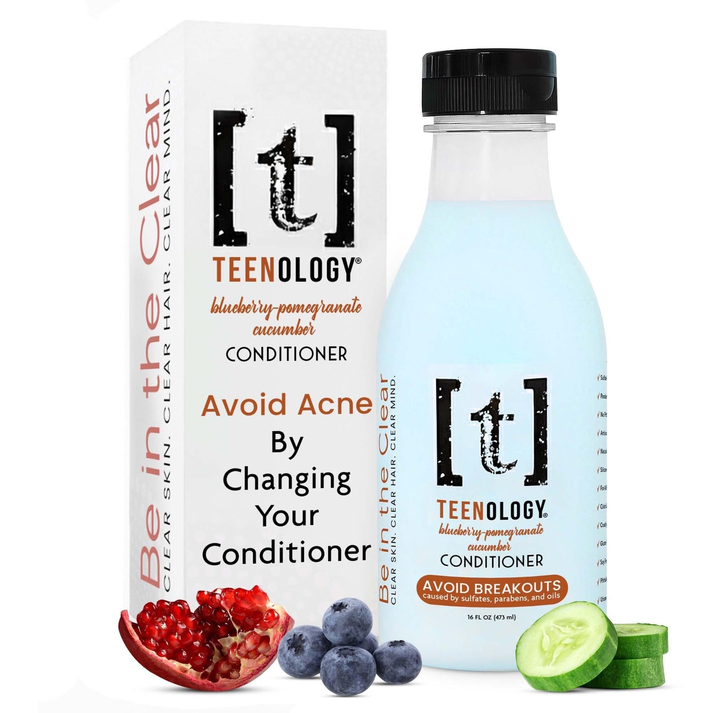 Teenology Teen Conditioner – Avoid Acne, Non-Comedogenic, For Dry & Oily Scalps, Sulfate & Paraben Free, Natural Extracts, for Clear Skin & Healthy Hair, 16 oz – (Blueberry Pomegranate Cucumber)