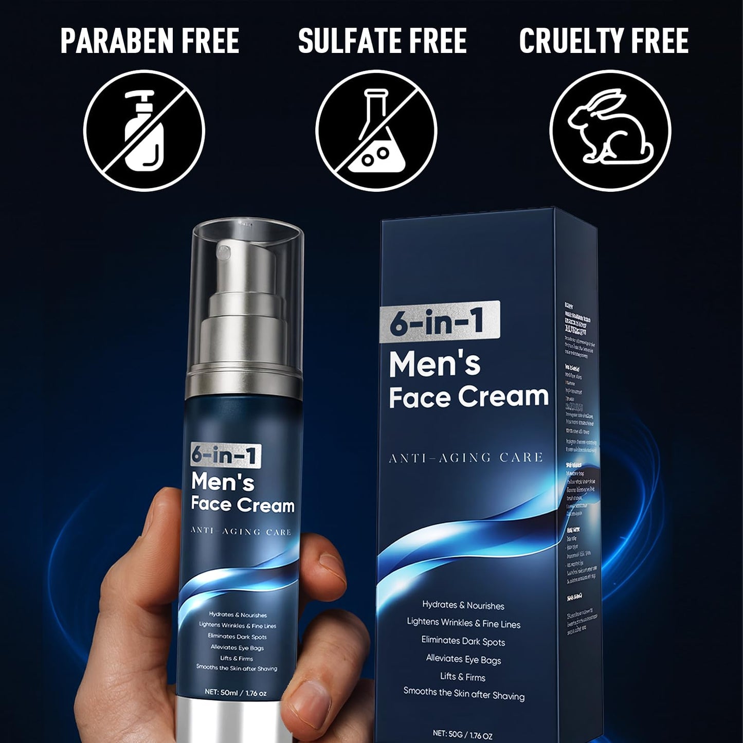 6 in 1 Face Cream for Men – Anti Aging Men’s Moisturizer with Collagen, Hyaluronic Acid and Shea Butter – Daily Skin Care – Reduce the Look of Eye Bags, Dark Circles and Puffiness – 1.76 fl oz (1)