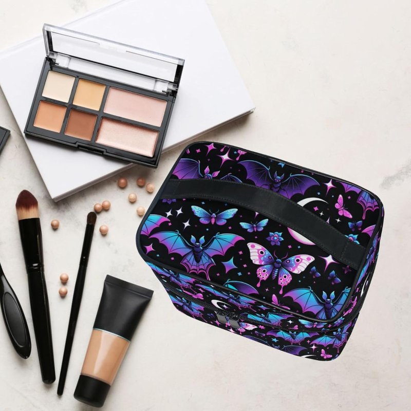 Makeup Organizer Bag - Neon Purple with Bats, Stars & Moons | Travel Cosmetic Case for Women & Teens