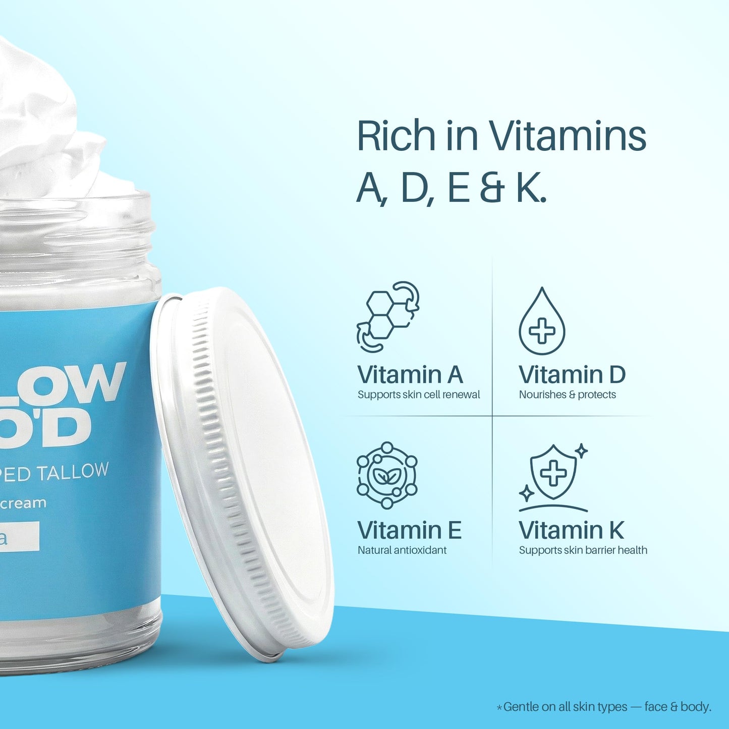 Mellow Moo'd Whipped Grass Fed Beef Tallow - Face + Body Cream - Tallow Moisturizer for Sensitive Skin - Natural Body Butter Lotion XTRA Large 9 FL OZ - Made In USA (9oz, Vanilla)