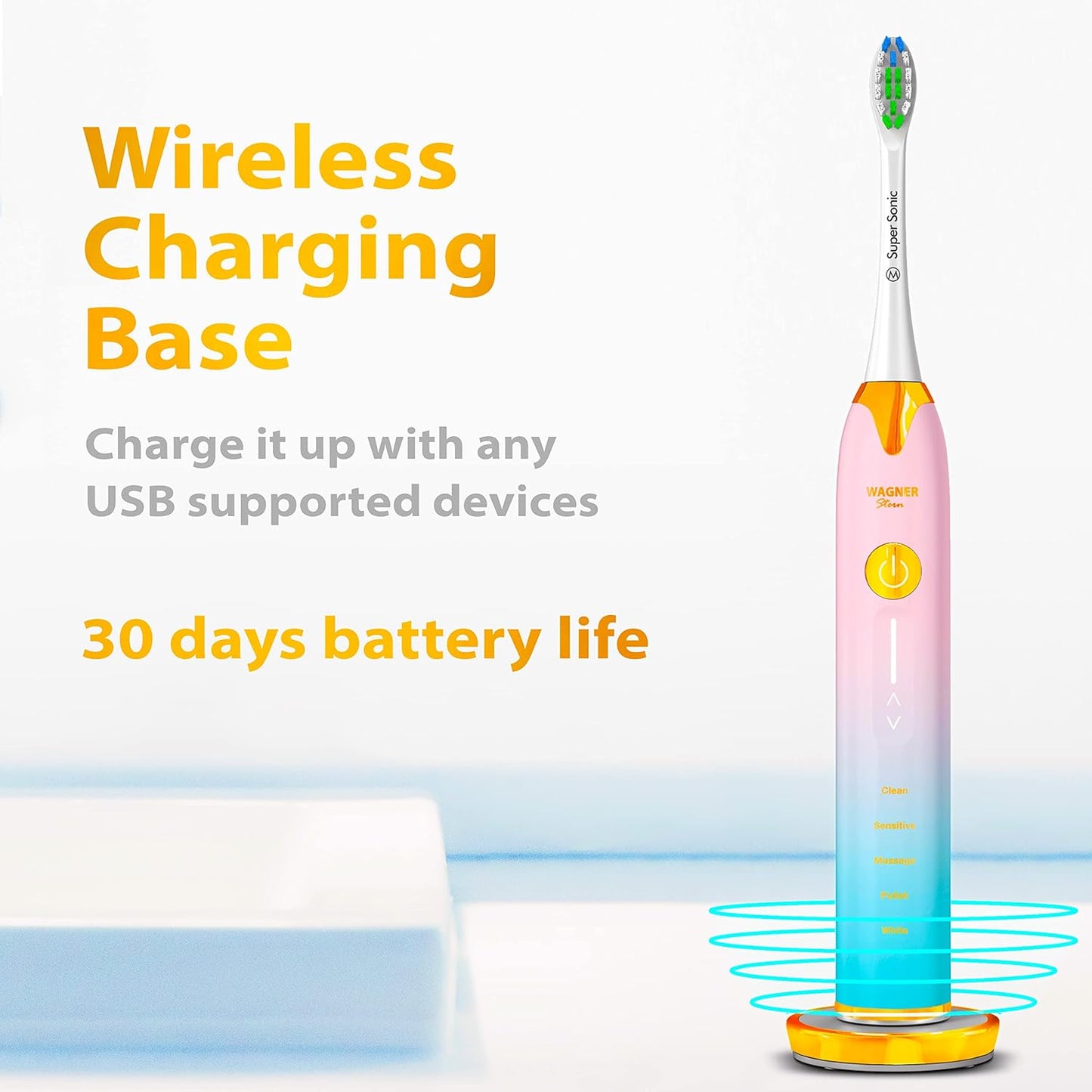 Wagner Stern Ultrasonic Whitening Toothbrush - 5 Modes, 4 Intensity Levels, Travel Case & 8 Soft Bristles