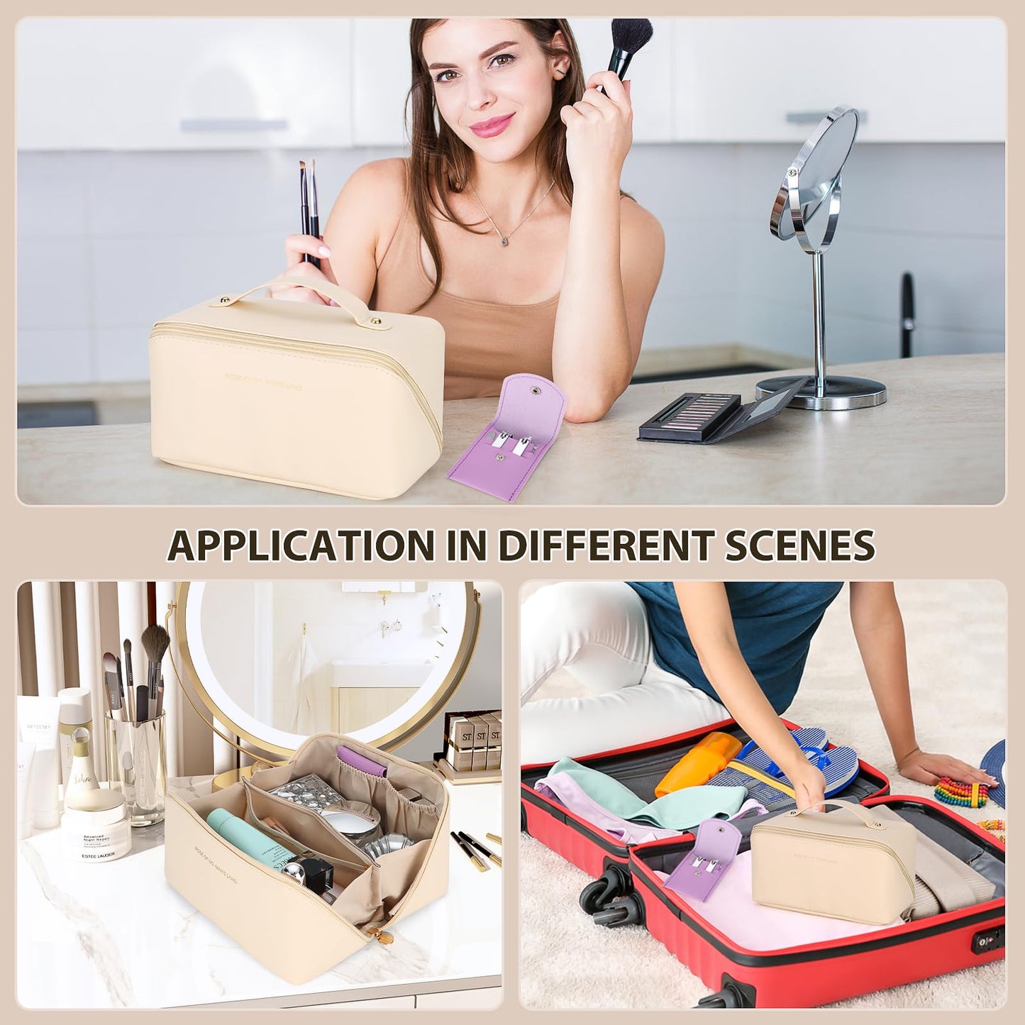 Houldhowd Makeup bag, Large capacity travel toiletry bag, Waterproof Portable Cosmetic Bag, travel makeup bag, With Nail Art Kit Set, Best Choice for Makeup Experts. (off white style)