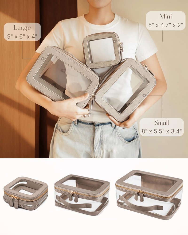 Oaque Clear Cosmetic Bag Set for Women Makeup Bag with Handle, 3 Pcs Travel Toiletry Bag Transparent Cosmetic Case Portable Make Up Organizer Bag for Essentials (Stone, Mini+S+L)
