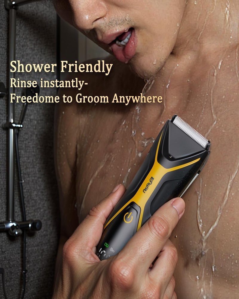 Electric Body Hair Trimmer for Men - Type-C Rechargeable Groin Groomer with LED Light | Fast Charge, Black & Yellow