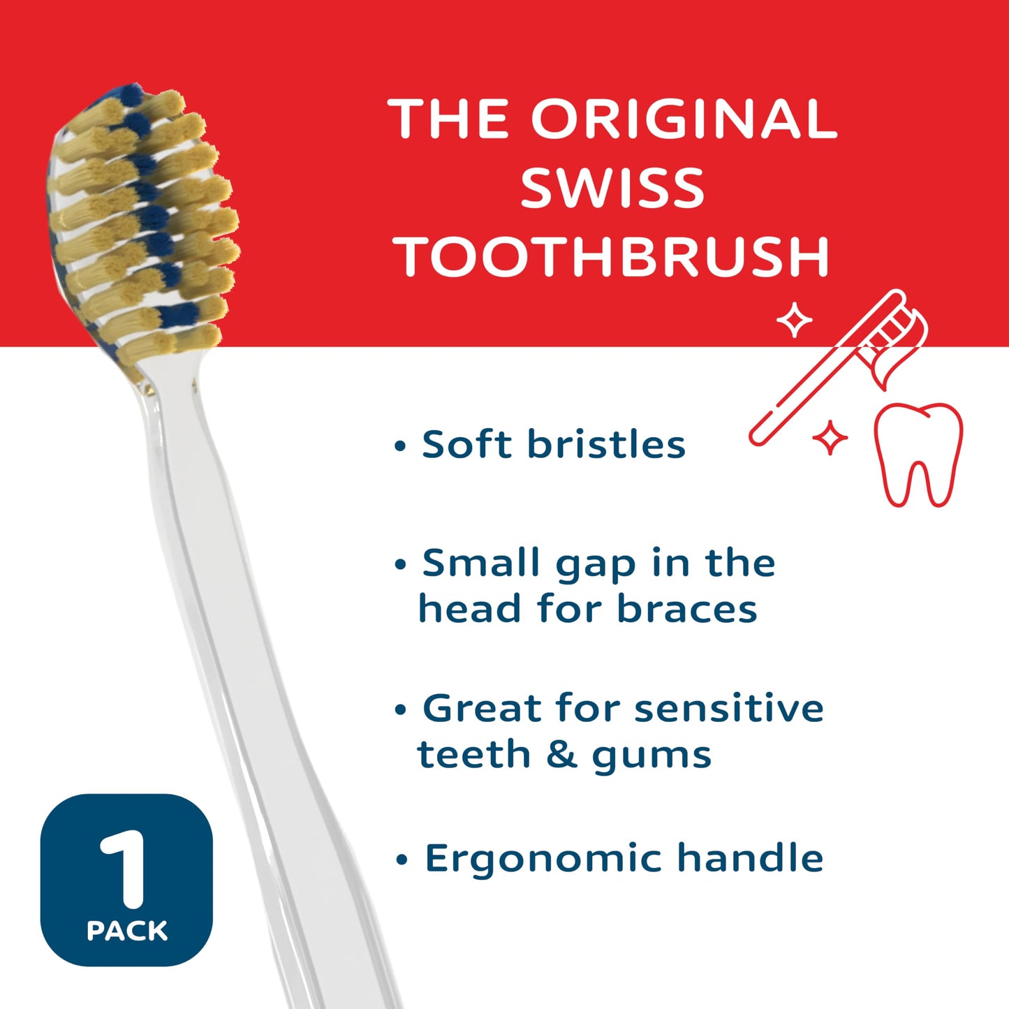 TELLO Adult Soft Ortho Toothbrush for Gentle Cleaning with Ergonomic Handle, Made in Switzerland, Colors Vary, 6-Pack