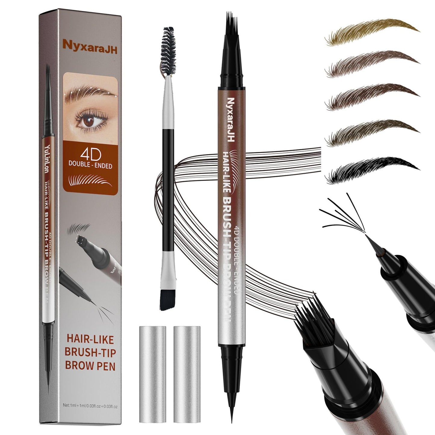NyxaraJH 4D Double-Ended Eyebrow Pen, Hair-Like Brush Tip, 5 Color Options, 0.1mm Precision Tip, Waterproof Brow Makeup (3# Dark Brown)