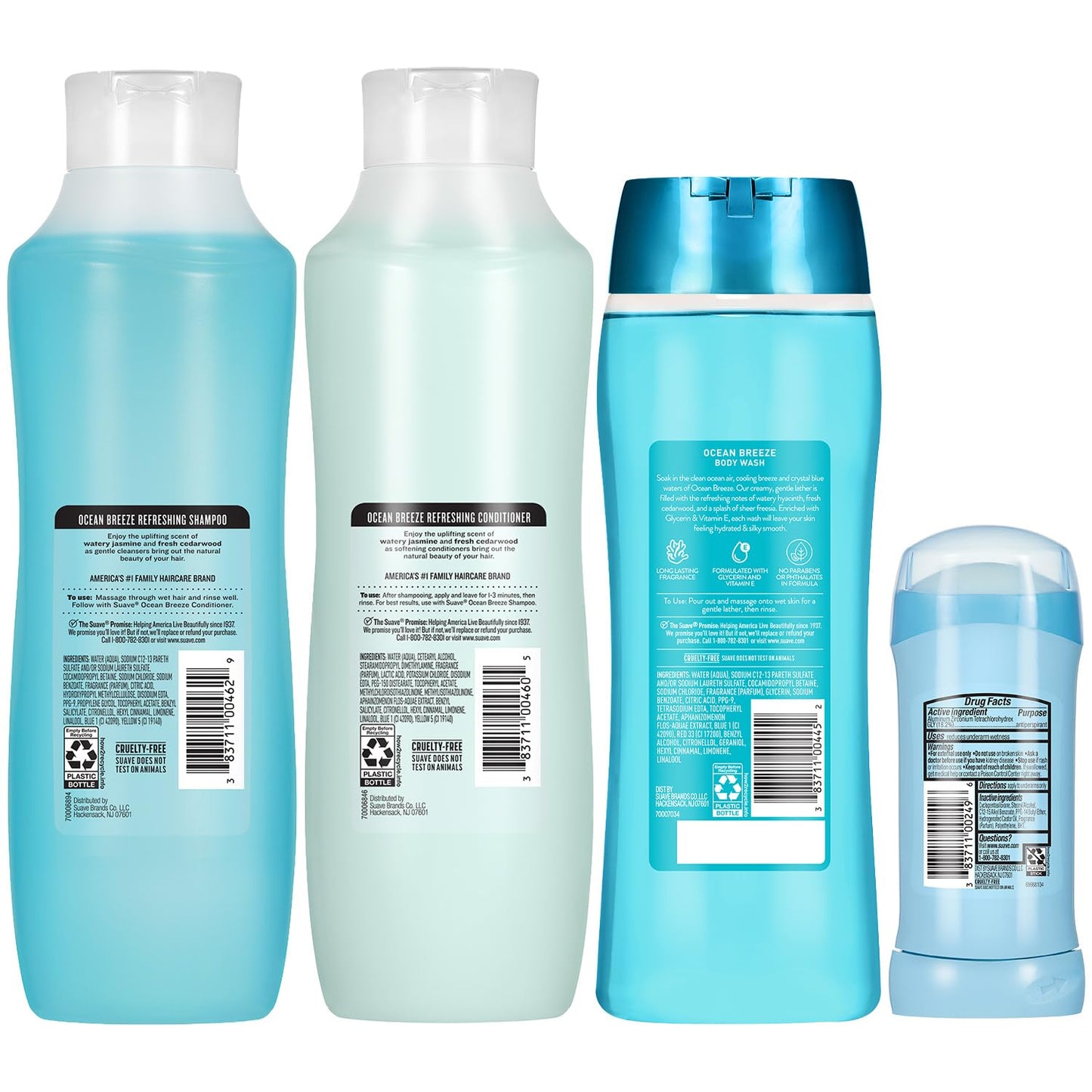 Suave Body Wash 2-Pack, Shampoo & Conditioner, Ocean Breeze + Fresh Antiperspirant Deodorant for Women (5 Piece Set)