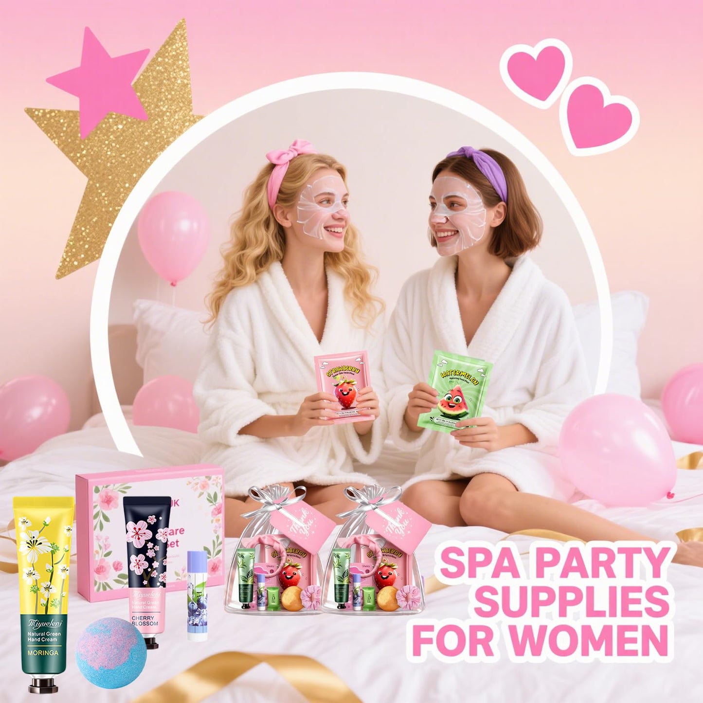 55PCS Spa Party Supplies for Girls, Spa Party Favors Face Masks, Hand Cream, Lip Balm, Lip Mask, Under Eye Patches, Foot Bath Bombs, Spa Birthday Sleepover Party Supplies, Spa Gifts for Women