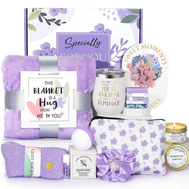 Birthday Gifts for Women, Self Care Gifts for Women, Relaxing Spa Gifts Basket Care Package w/Flannel Blanket, Mothers Day Gifts for Mom Her Best Friend Grandma Sister Wife (Purple)