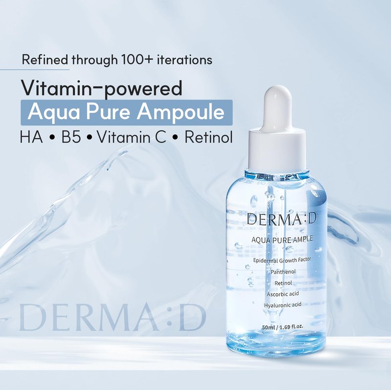 DERMA:D Lightweight Hydrating Serum for Sensitive Skin, Korean Hyaluronic Acid Ampoule with Panthenol & Retinol, Non Sticky Water Based Moisture Care, 1.69 fl oz