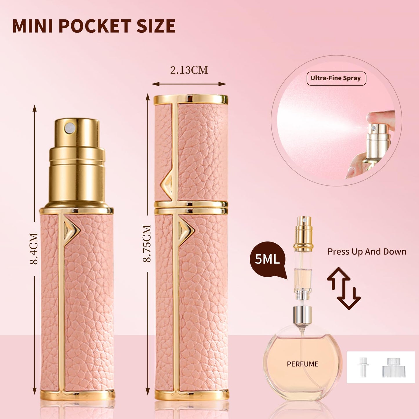DIOHIO 5ml Perfume Atomizer Travel Refillable, 2PCS Perfume Travel Refillable Bottle,Bottom-Filling Fragrances Perfumes Bottle,Mini Cologne Dispenser,Lightweight Portable Sprayer（White-Pink）