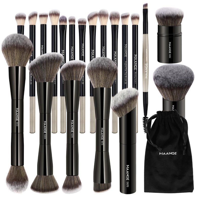 20 PCS Foundation Makeup Brush Set - Double-Ended Kabuki Contour Brushes for Liquid & Powder Blending | Black