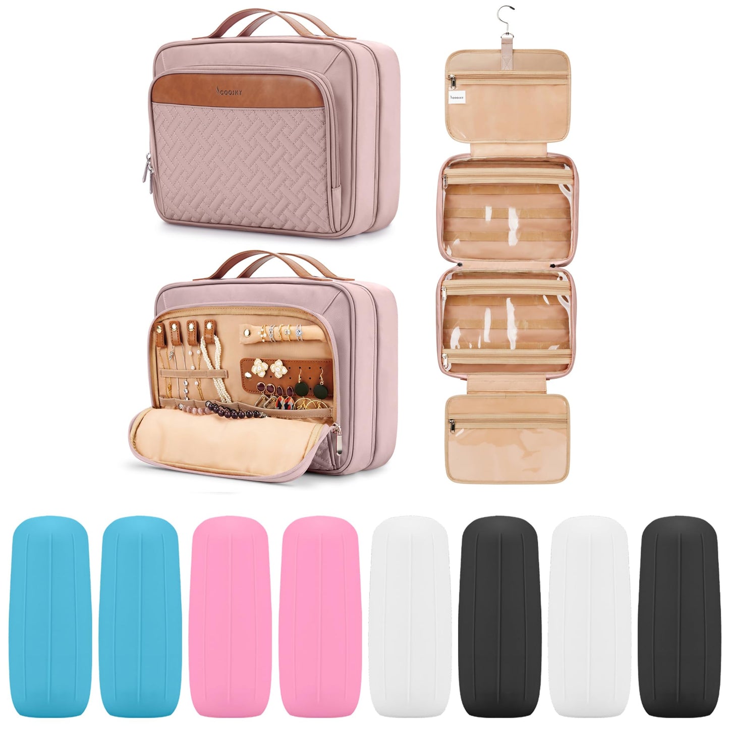COOSKY Travel Hanging Toiletry Bag for Women, Cruise Ship Essentials, with Jewelry Organizer, Extra Large Makeup Dopp Kit, Waterproof Cosmetic Bags, Toiletries Kit Set with Trolley Belt, Khaki