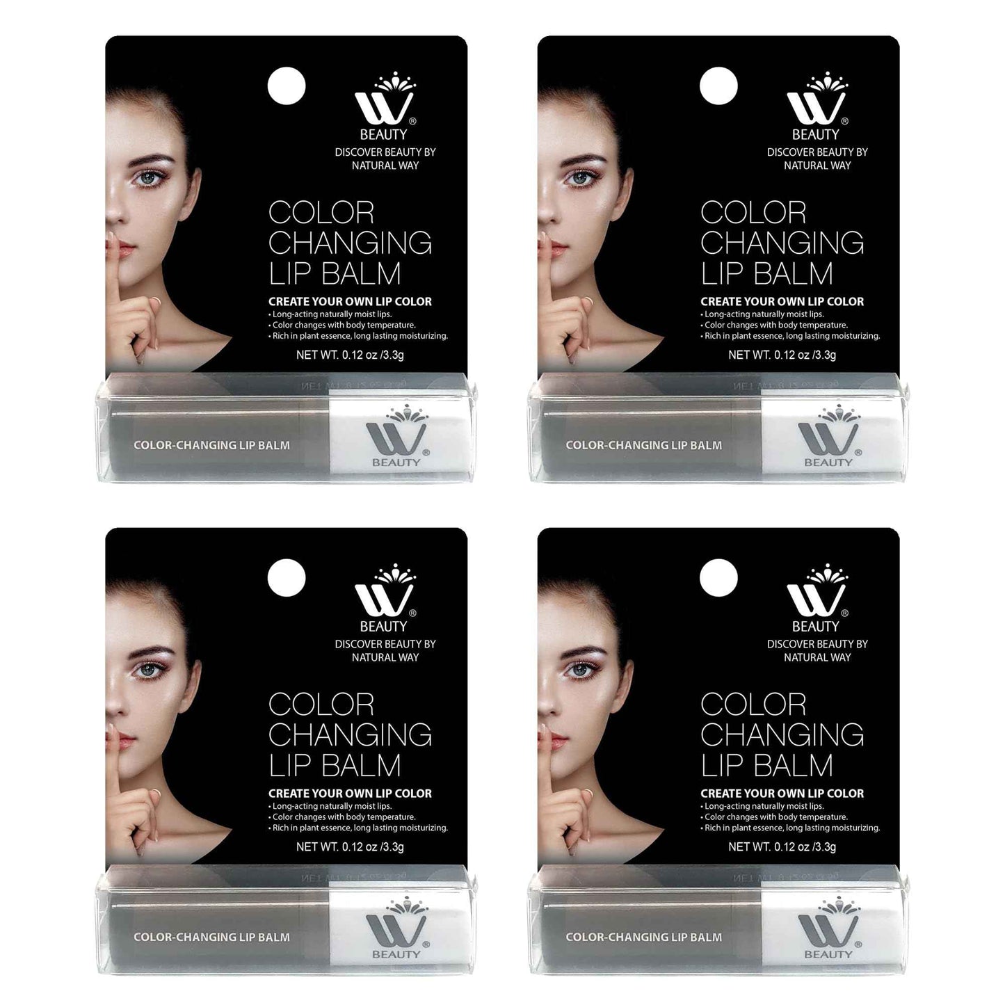 WBM Care Lip Balm 4-Pack, 3.3g Each – Enriched with Vitamin E, Color-Changing Tinted Moisturizer, Provides Long-Lasting Repair, Hydration, and Soft, Smooth Lips