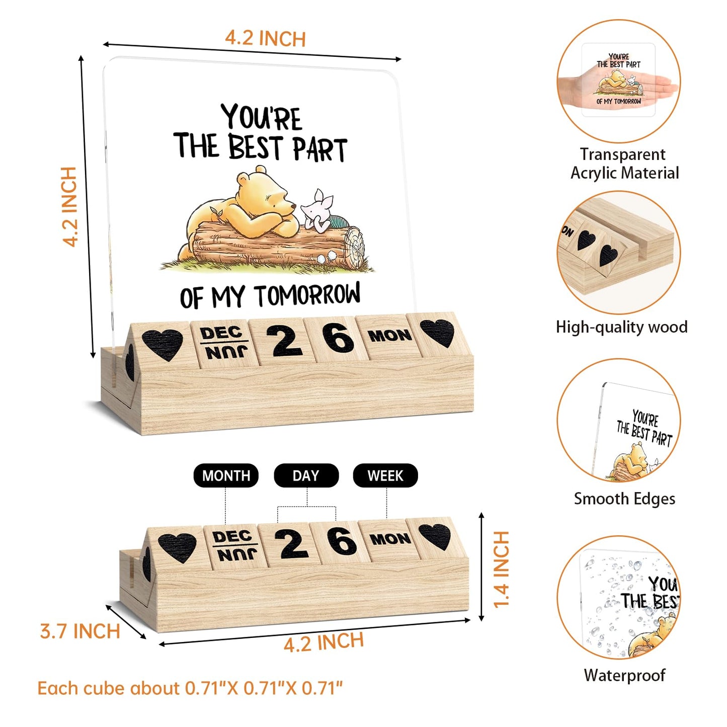 Winnie Decorations Gifts, Pooh Wooden Block Calendar for Desk, You're The Best Part of My Tomorrow Desk Decor, Pooh Stuff Friendship Plaque, Christmas Birthday Gifts for Women Coworker Best Friend Besties