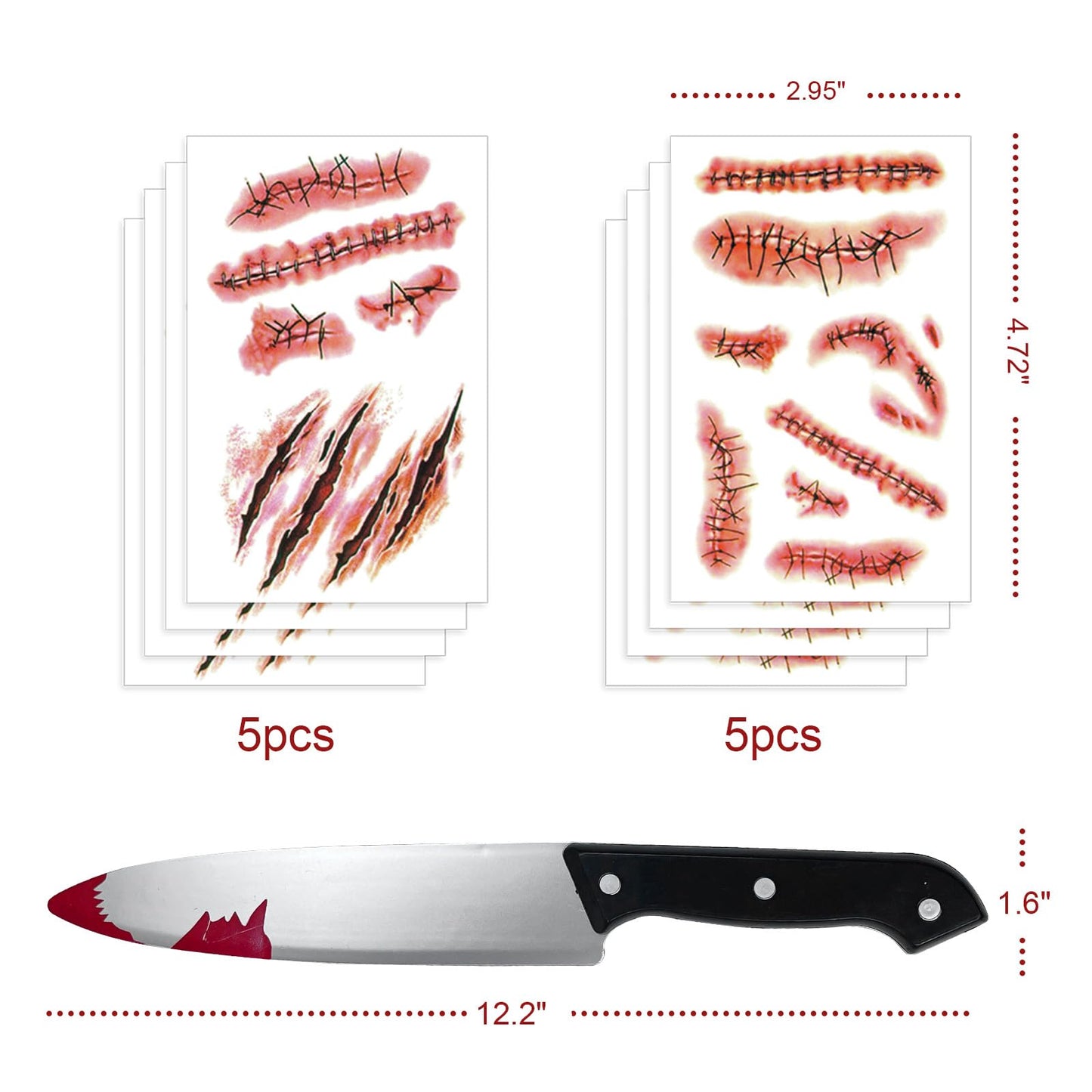 Halloween 12.2" Fake Knife Prop & 10 Sheets Realistic Fake Stitches Temporary Tattoo Set, Horror Chucky Costume Zombie Vampire Makeup Prank Props Cosplay Accessories for Kids Adults