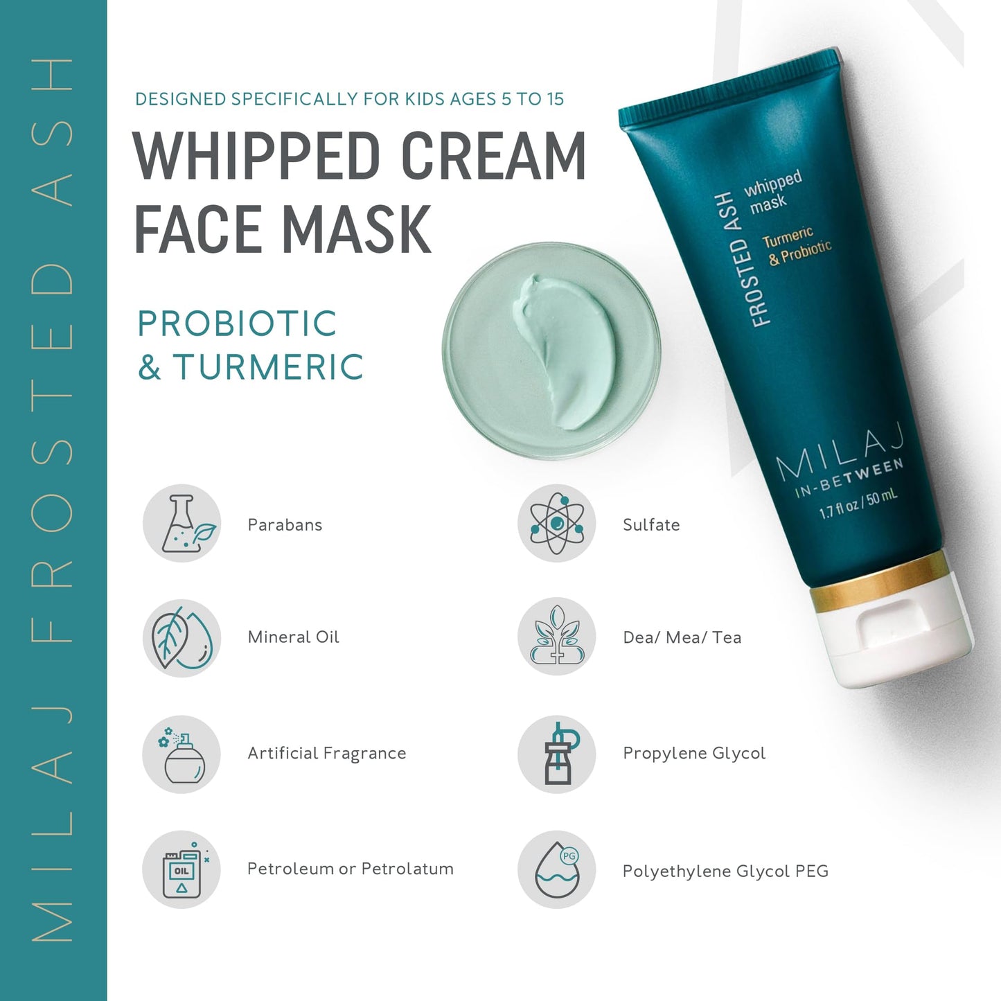 MILAJ Frosted Ash Probiotic & Turmeric Face Mask | Whipped Moisturizing Face Mask & Deep Pore Cleanser | Clean Skincare for Kids and Teens Ages 5-15