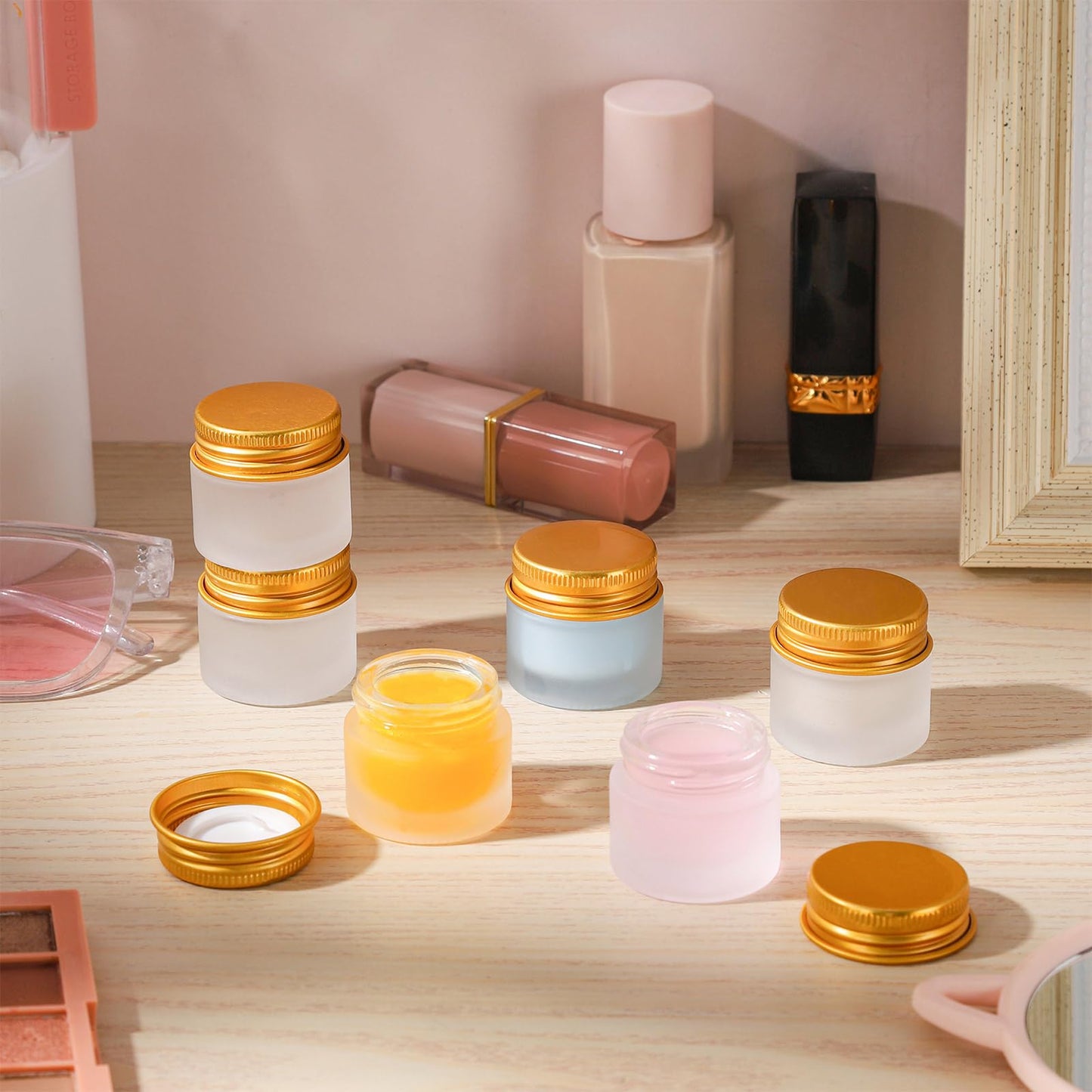RAMFIYN 48 pack 10ml Frosted Glass Jars with Gold Lids Small Empty Travel Lotion Containers with Inner Liner Airtight Cosmetic Holder with Labels for Lip Balm Creams Body Butter