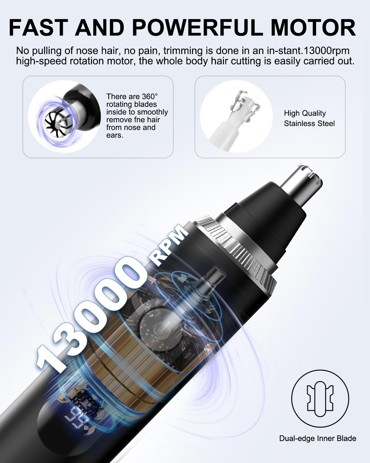 Nose Hair Trimmer | Professional Painless IPX7 Waterproof Eyebrow & Facial Hair Trimmer - USB Rechargeable with LED Display, Black/Silver