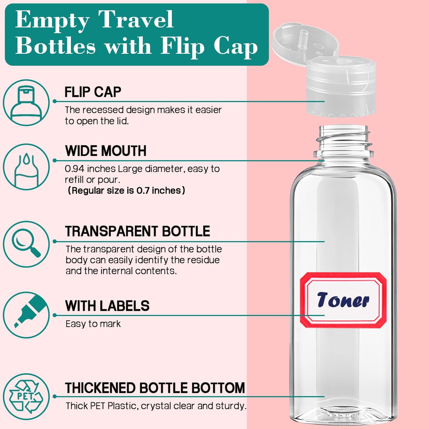 50pcs Empty 3.4 oz Travel Bottles with Flip Black Cap for Liquids Lotion