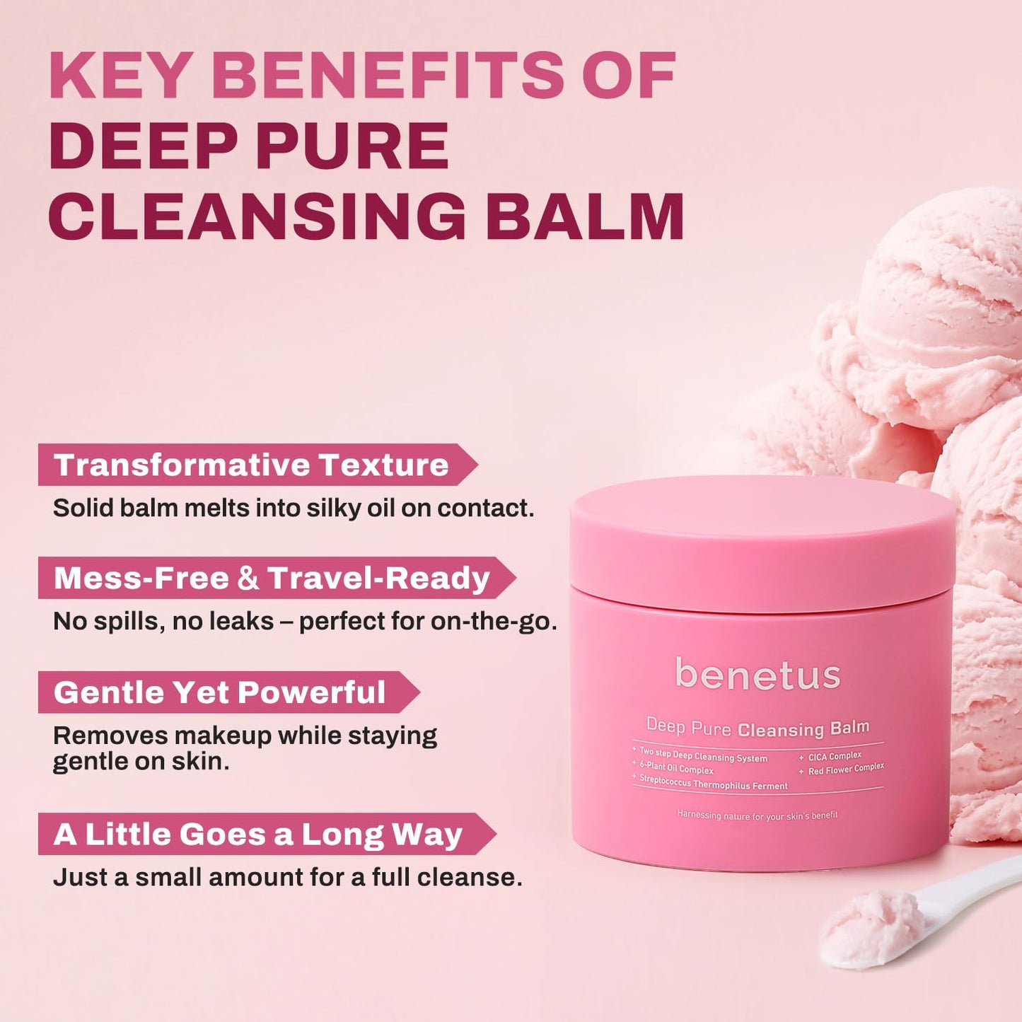 benetus Deep Pure Cleansing Balm, Makeup Remover Balm, Melting Balm for Waterproof Mascara, Sunscreen & Long-Wear Makeup, CICA, Green Tea, Argan Oil & Vitamin E, Non-Stripping, Pore Care, 3.5 fl oz
