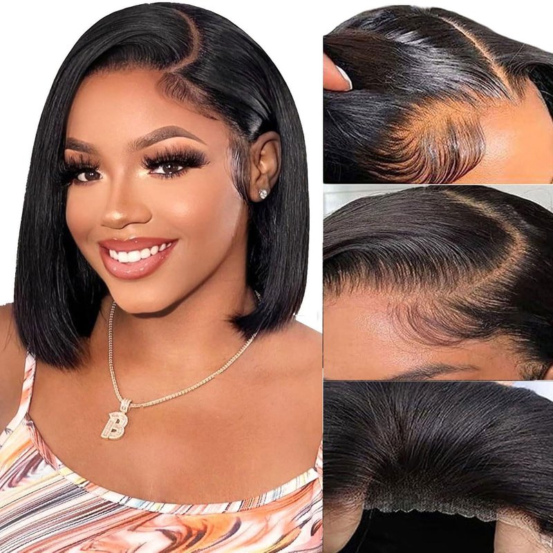 YFOXI Wear and Go Glueless Bob Wig Human Hair Pre Plucked Pre Cut 4x4 Lace Closure Bob Wigs For Black Women Human Hair Glueless Straight Bob Lace Front Wigs For Beginner (10 Inch)