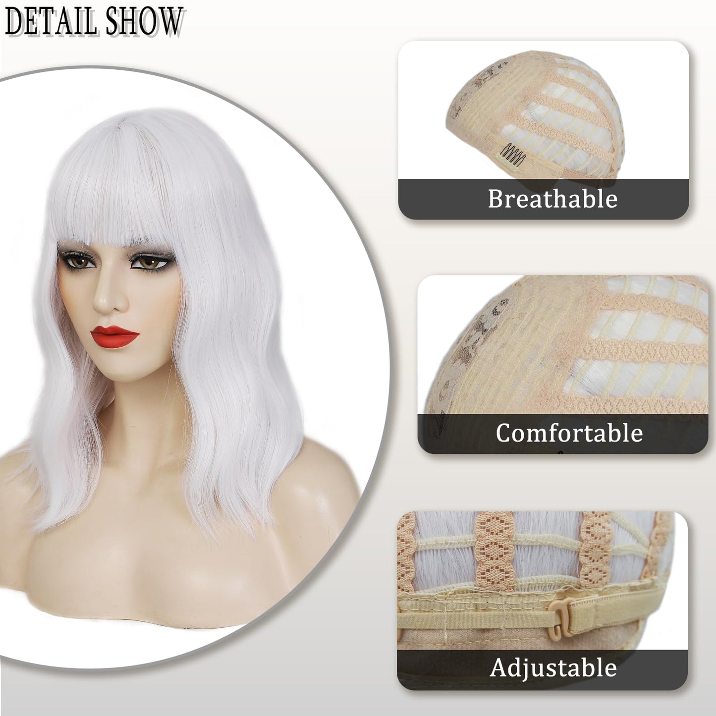 Beelu White Wig with Bangs 14 Inch Short Wavy Synthetic Bob Wigs for Women