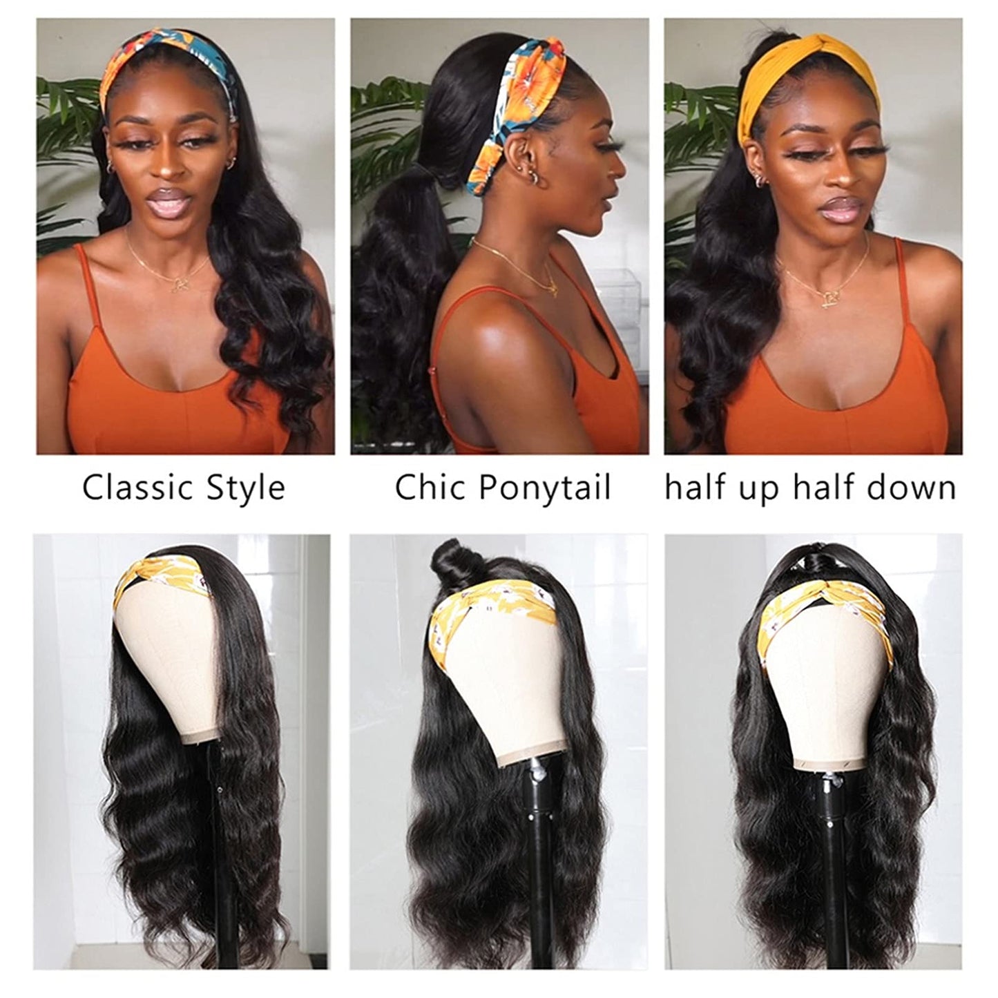 catti Headband Wig Human Hair Body Wave Headband Wigs for Black Women Brazilian Virgin Hair Glueless None Lace Front Half Wigs Human Hair Wear and Go Headband Wigs 180 density (18" Headband wigs)