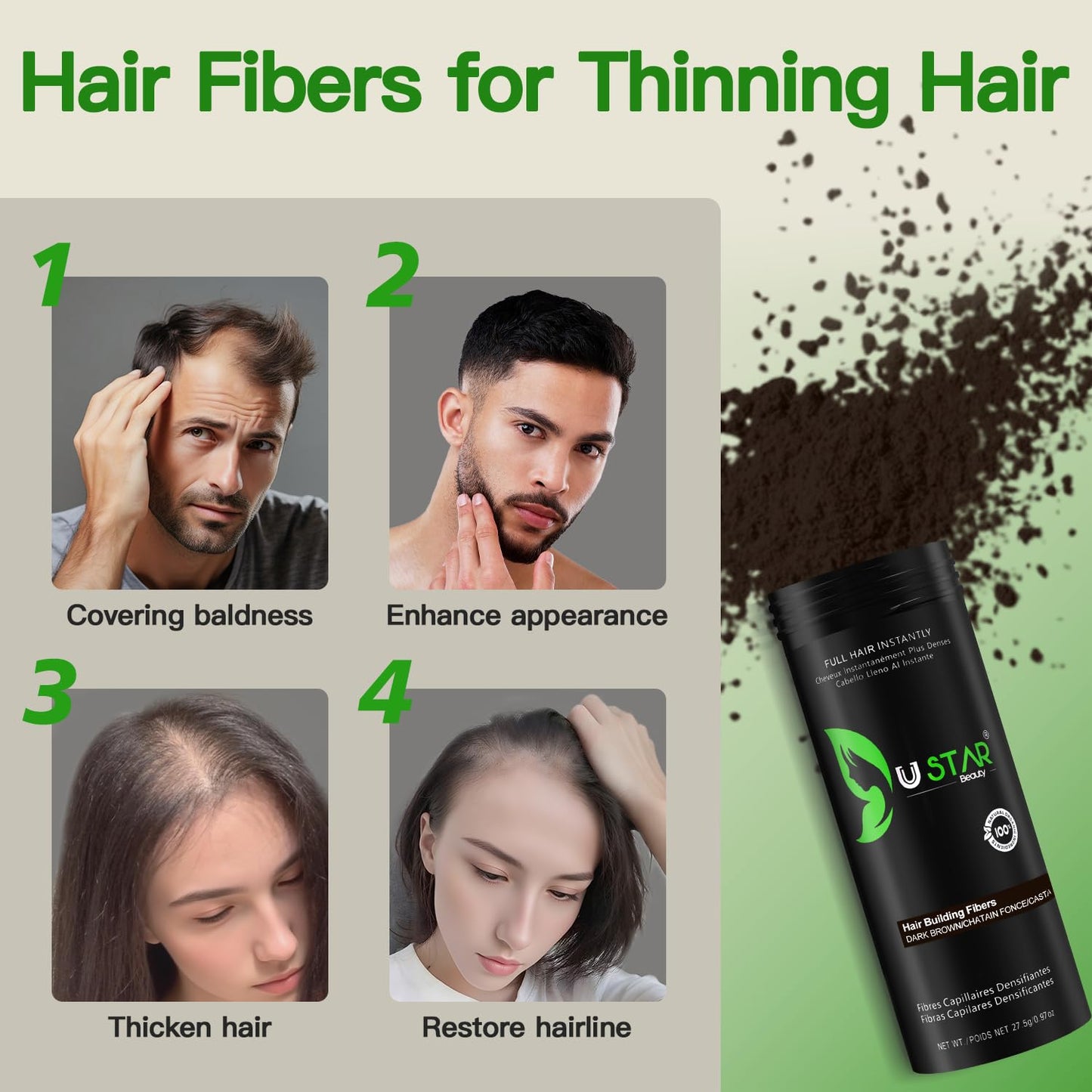 Hair Building Fibers 77.5g, USTAR 5 in 1 Hair Fibers for Thinning Hair with Holding Spray for Instantly Thicker, Fuller Look, Styling Hair Powder for Men & Women (Dark Brown)