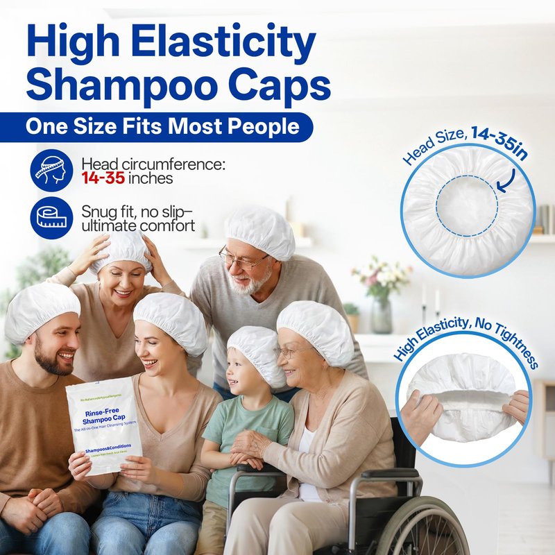 Shampoo Caps No Water Rinse Microwavable | Waterless Rinse Free Shampoo Cap Hair Washing for Bedridden Patients Post-Surgery Elderly Care, Camping | PH Balanced, Portable, Easy to Use-8 Pack