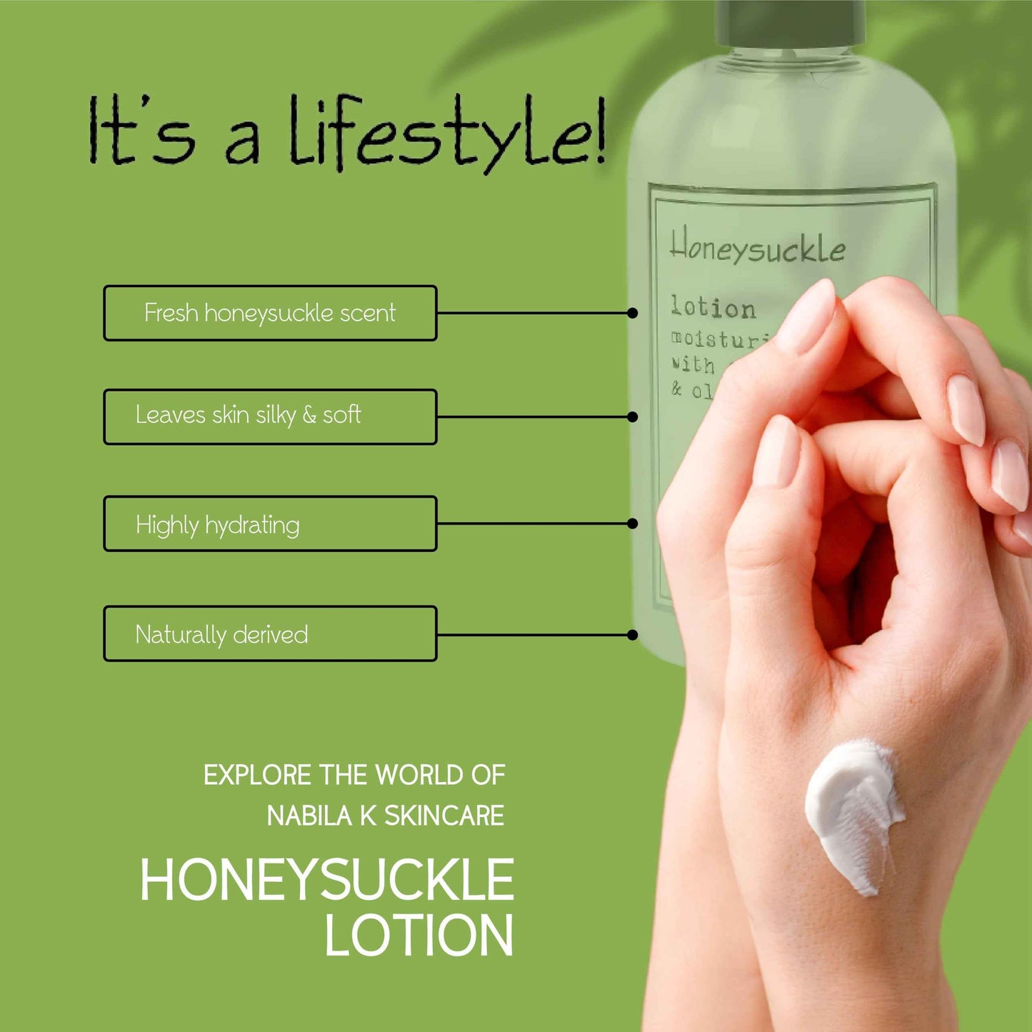 Nabila K Honeysuckle Body Lotion - Moisturizer for Body, Hands and Feet - Aloe Vera & Water Based - Shea Butter & Olive Oil - Naturally Scented - 8 oz