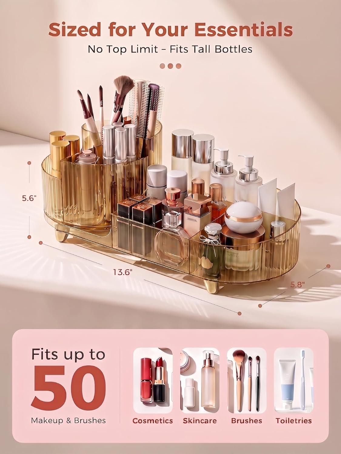 Rotating Makeup Organizer - Large Capacity Clear Acrylic Cosmetic Display Case | Vanity Storage for Skincare, Brushes & Lipsticks