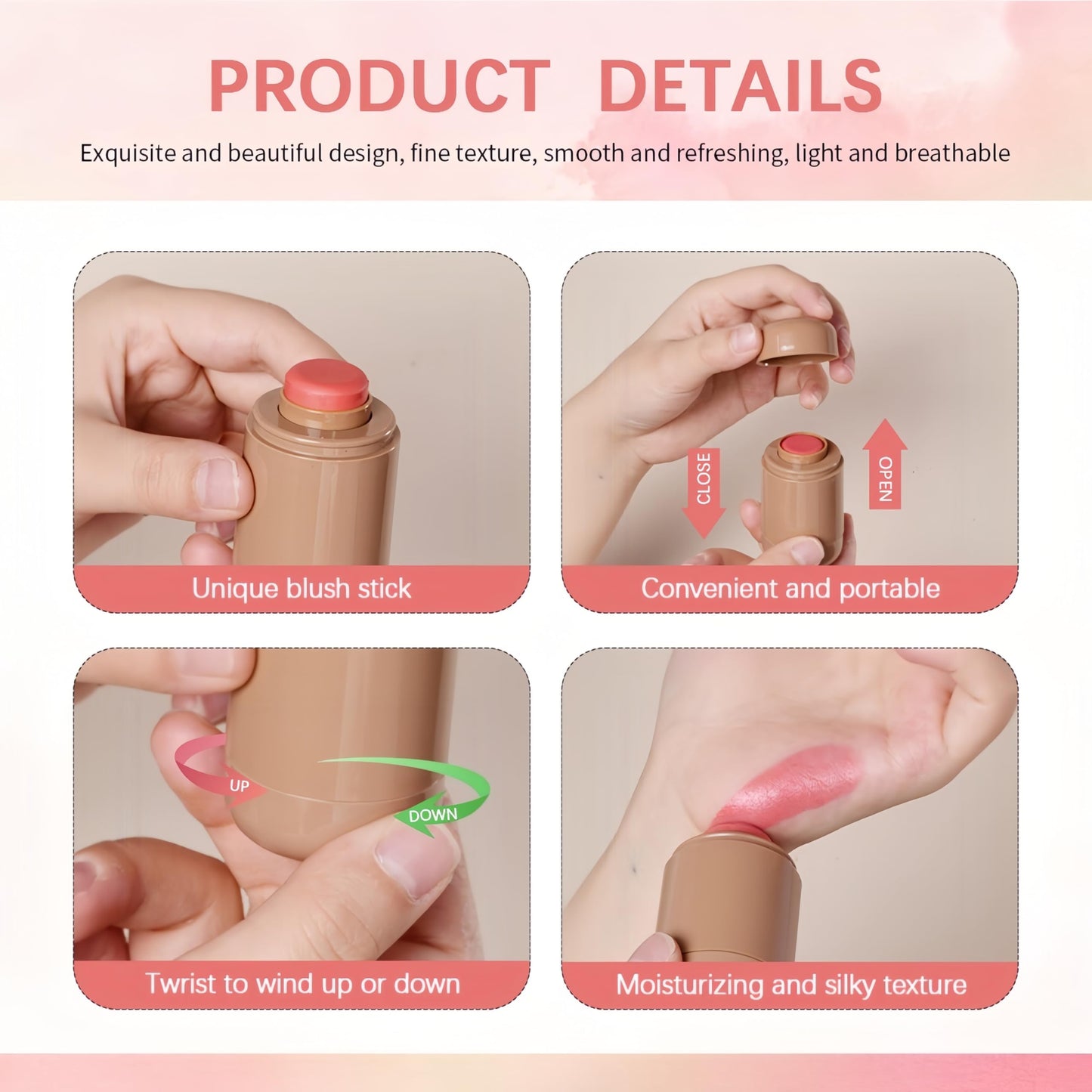 MAEPEOR Matte Blush Stick Creamy Natural Looking Finish Face Blush Long-Lasting Lightweight Buildable Blushes Stick for Cheeks (03 Bright Coral)