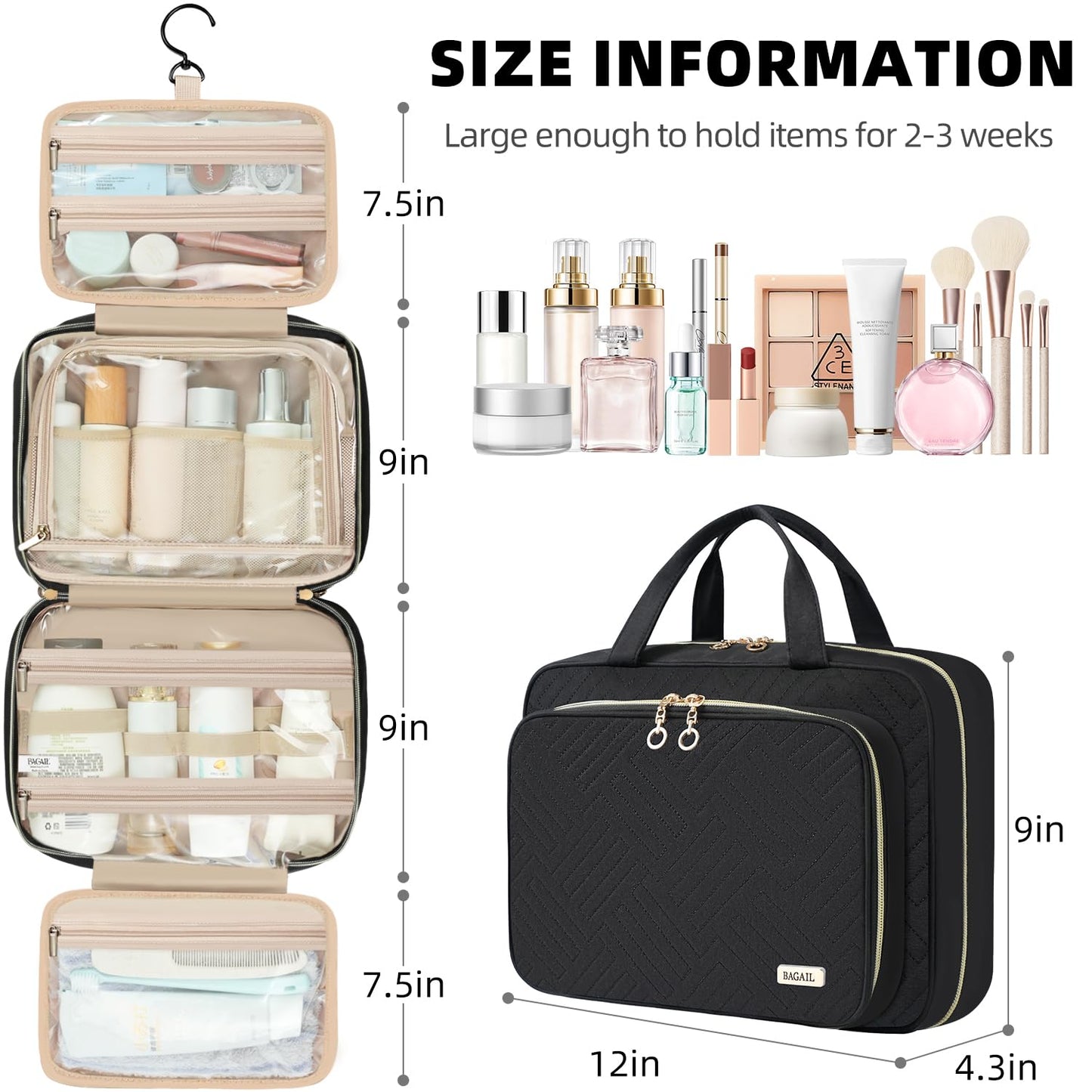 BAGAIL Hanging Toiletry Bag for Women Water-resistant Cosmetic Bag Large Capacity Travel Makeup Organizer for Full-Sized Travel Essentials(Standard, Black)