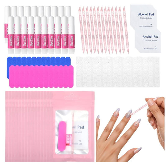 Press On Nail Tool Kit - 100PCS Nail Prep Set with Glue, Adhesive Tabs & Mini File | Perfect for Nail Art Starters