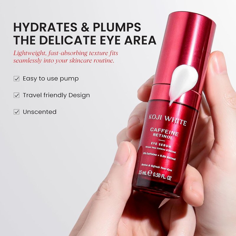 Koji White Caffeine Eye Serum - Reduce Puffiness & Dark Circles with Retinol, Peptides & Vitamin C | Fragrance-Free, Vegan, 0.50 Fl Oz