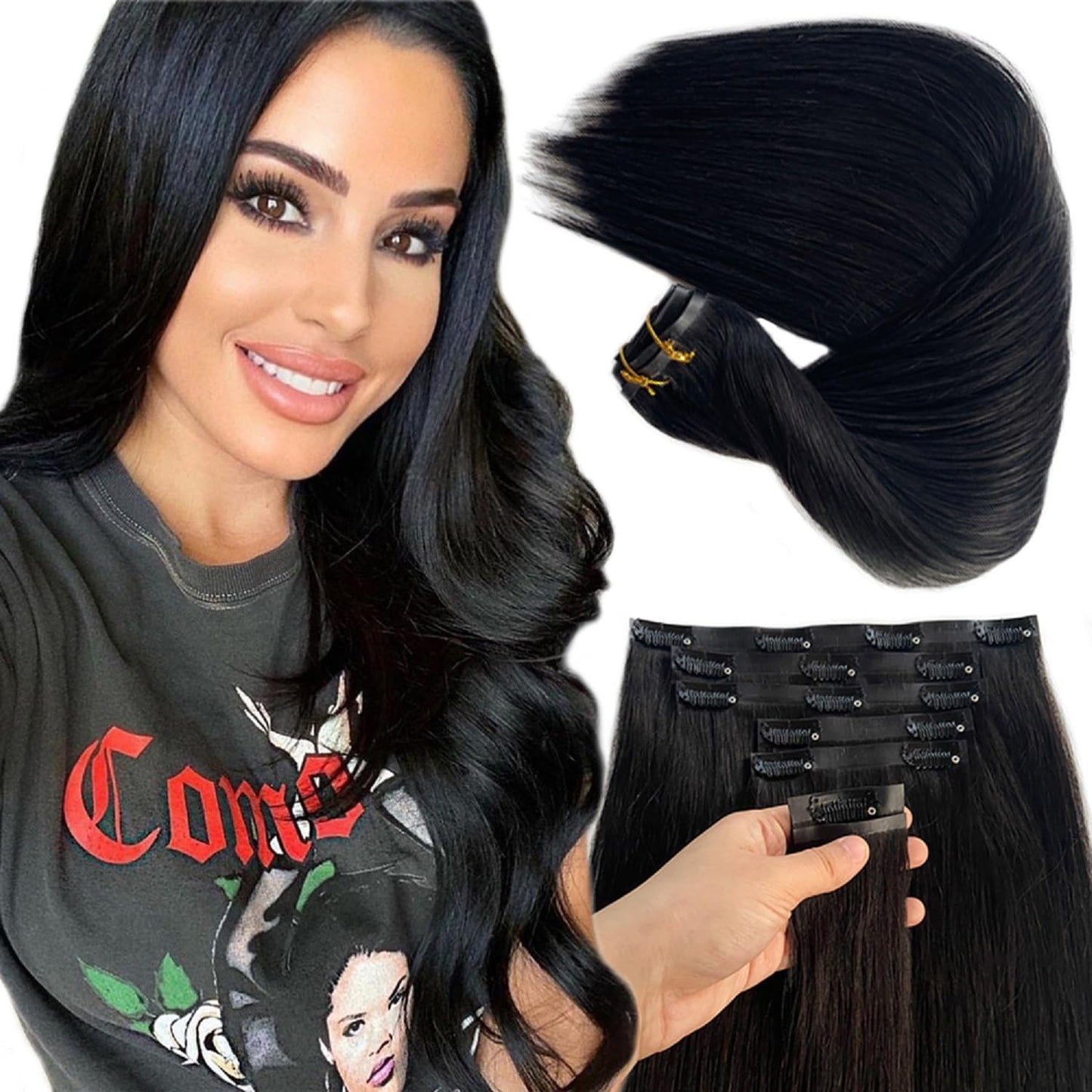 Seamless Clip in Hair Extensions Real Human Hair, 20” Natural Black Seamless Clip ins Remy Hair Extensions Invisible Tape Weft Real Human Hair Extensions for Women Straight PU Skin Weft Clip ins Hair