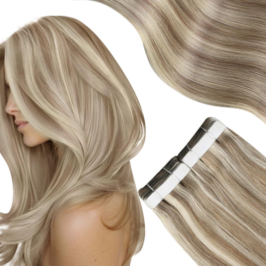 Moresoo Blonde Tape in Hair Extensions Human Hair Light Brown Highlighted Blonde Tape in Extensions Real Hair Glue in Straight Hair 14 Inch 20Pcs 50G Short Hair Daily Use Party