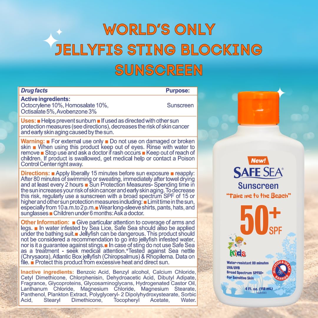 Safe Sea SPF50+ Kids sunscreen - Jellyfish and Sea lice protective lotion. Very Water Resistant, Sensitive skin. Oxybenzone and Octinoxate free, Paraben free, 4 fl. Oz. Pack of 2