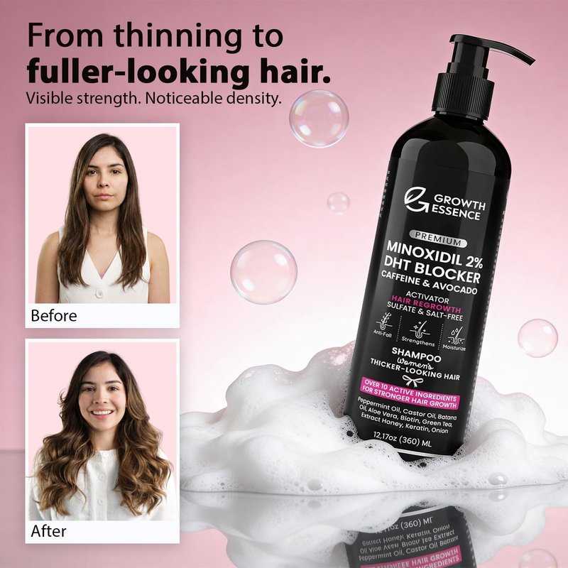 Minoxidil 2% Shampoo for Women – Growth Essence Premium, Hair Regrowth Shampoo with Biotin, Caffeine & DHT Blockers – Strengthening Formula with Keratin, Castor Oil, Green Tea & Rosemary