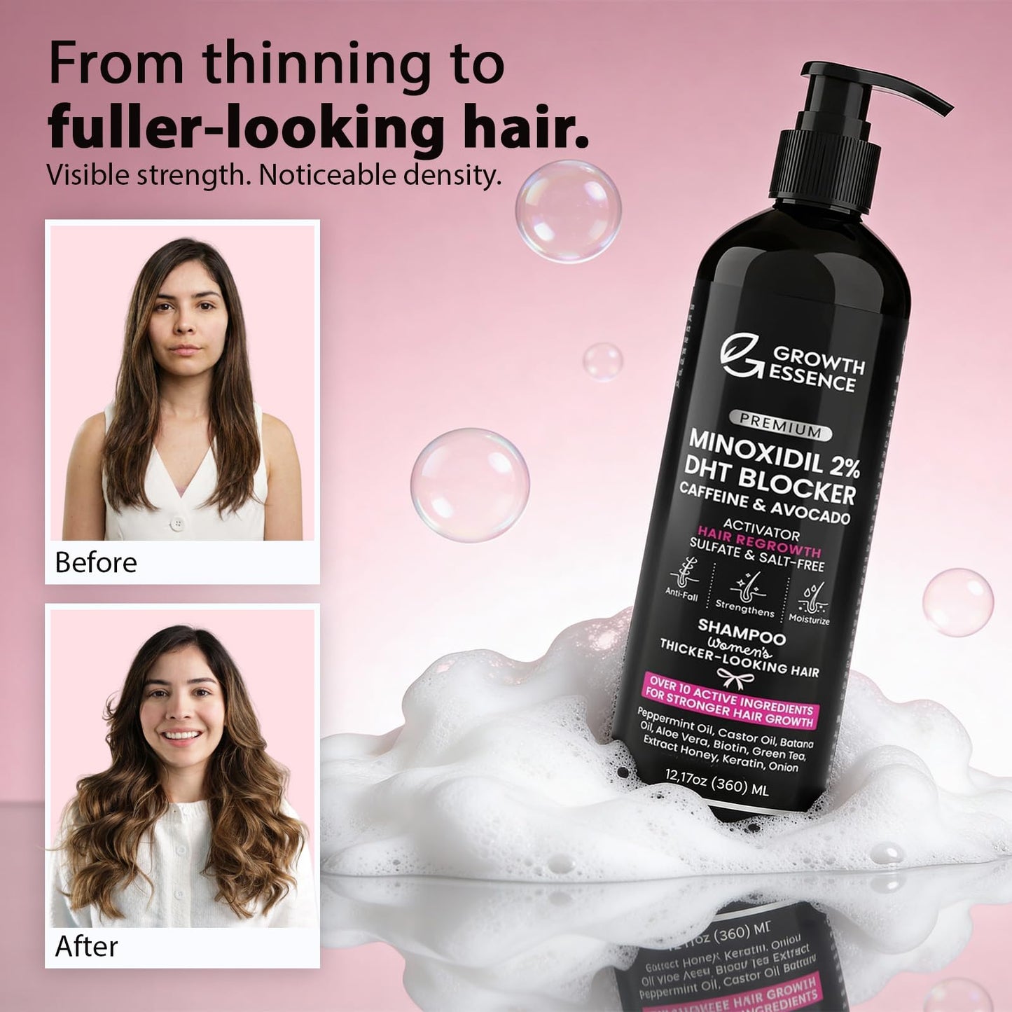 Minoxidil 2% Shampoo for Women – Growth Essence Premium, Hair Regrowth Shampoo with Biotin, Caffeine & DHT Blockers – Strengthening Formula with Keratin, Castor Oil, Green Tea & Rosemary