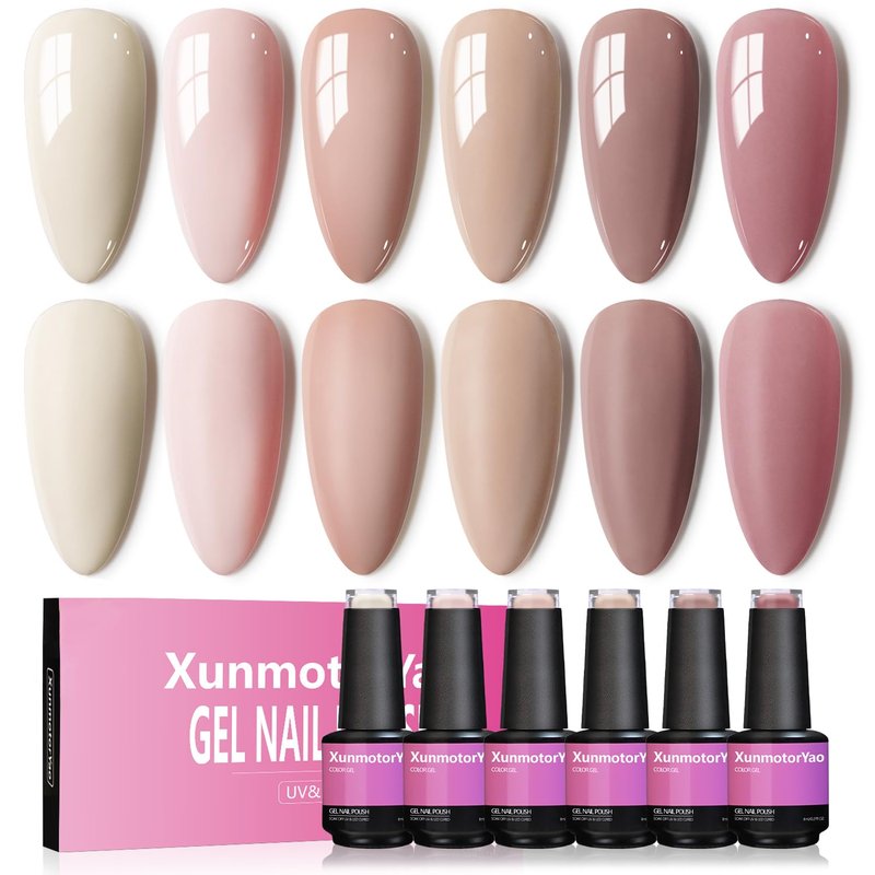 XunmotorYao Gel Nail Polish Set, 6 Colors Milky White Nude Pink Polish Kit Soak Off Uv LED Nail Kit Minicure DIY Nails Art for Salon Home Fall Winter Gel Nails Kit